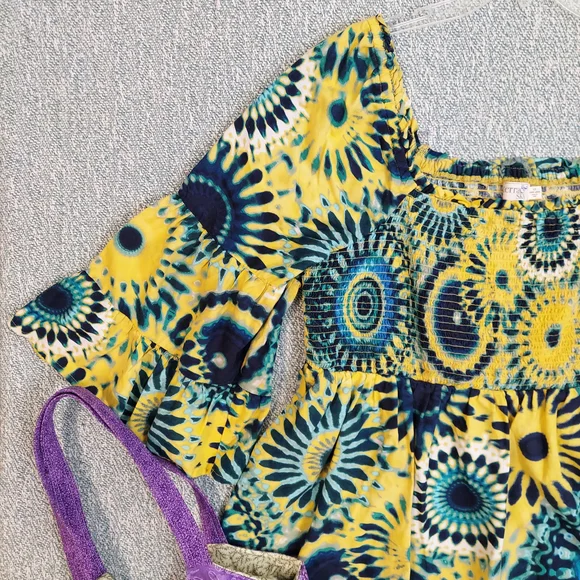 Terra & Sky Floral Blouse, Blue & Yellow Tie Dye, Womens Sz XL - Picture 4 of 9